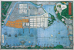 御開港横浜の図。文久3（1863）年一川芳院。左の彩色してある区画が外国人居留地。右が日本人街。上の四角く囲った部分が遊郭街。その周りは葦の原
