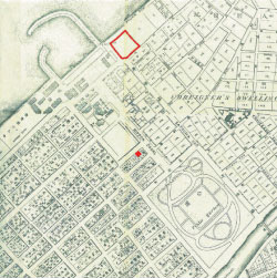 明治14年2月に内務省地理局測量課が発行した横浜全図。波止場近くの四角く囲った所が英一番館、街中の赤い印が鹿島