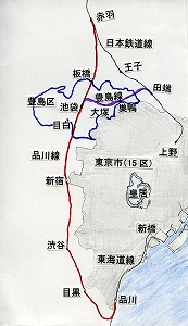 明治36（1903）年鉄道路線図 青枠はのちに豊島区となった区域