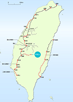 阿里山の位置と当時の台湾の鉄道路線（赤線は鹿島施工）