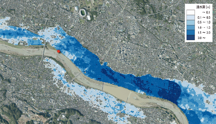 図版：複数パターンのシミュレーションを実施し導き出された，被害が最大になる箇所（図中赤色）で多摩川が溢水・越流した場合の想定浸水深