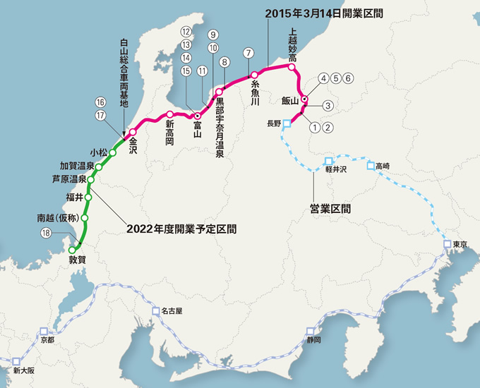 図版：北陸新幹線　当社の主な施工実績 地図