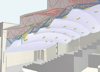図版：共立女子学園神田一ツ橋キャンパスにある共立講堂では，3D計測を用いて複雑な曲面天井の既存架構強度を確認し，適切な天井耐震補強計画を立案した
