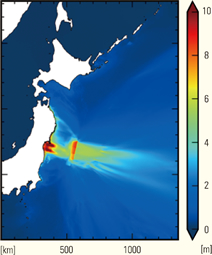 図版：東日本大震災の記録から津波伝播解析を用いた最高津波水位の計算例