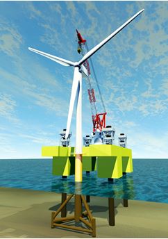 Kプラットフォーム コンボによる洋上風力用トリポッド基礎並びに風車建設イメージ