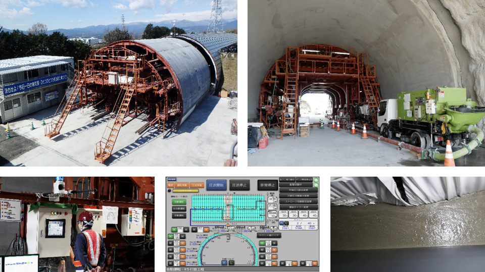 図版：模擬トンネルにおける覆工コンクリート自動打設中の様子