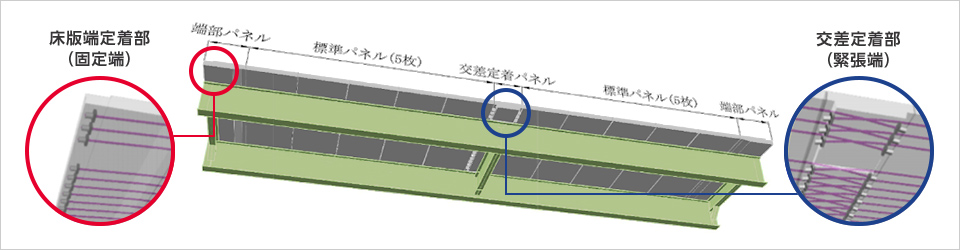 図版：床版端定着部と交差定着部の配置の模式図