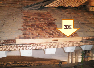 写真：土居葺き完了後に、軒平瓦の乗せ掛け用として瓦座を取替えているところです。この瓦座の木材にも平成二十三年度補修の刻印が押されています。