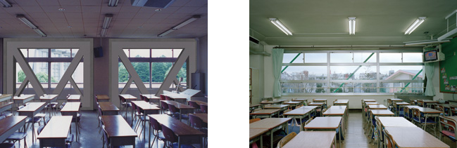 図版：聖学院小学校 CGによる従来構法（左）とパラレル構法（右）の比較
