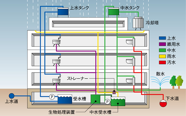 図版：建物における水の循環（中水道システム概念図）