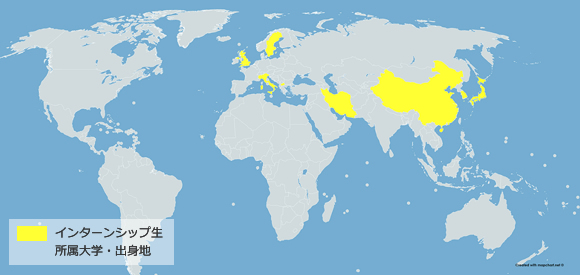 地図：インターンシップ生所属大学・出身地
