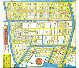 文久3（1863）年再刻尾張屋の江戸切絵図。中央を流れる楓川の中央寄り左下に松平越中守の上屋敷があり、その屋敷前に架かる越中橋の左上に大鋸町、正木町、南鞘町がある