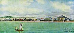 明治8年ごろの横浜海岸通（右端の大きな建物が英一番館）　原画：C.B.バーナード　出典:ジャーディン･マセソン･アンド･カムパニー（ジャパン）リミテッド『日本に於ける百年　英一番館』（1959年）