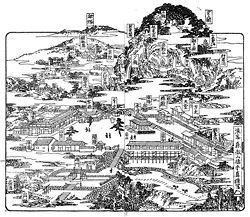 明治期の宝山寺。右下の崖の部分を整地したと思われる。（資料提供：宝山寺）