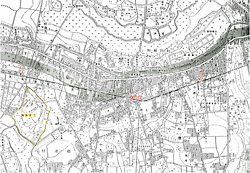 昭和4年世田谷古地図。三井牧場の北の駅が「しゃこまえ」。東の玉川電車との分岐が「しもたかいど」駅