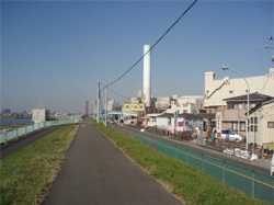 現在は東京都下水道局の矢口ポンプ所となっている。左が多摩川、右の白く大きい建物が矢口ポンプ所。水源地はこの建物の右端あたりにあった。