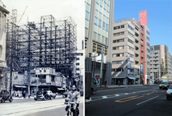 中央通から見た越前屋ビルの鉄骨建方。右は、現在の同じ場所。西勘、千疋屋、入船はそれぞれビルになっているが同じ場所にある。