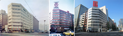 昭和27（1952）年竣工時の外観、昭和58（1983）年7月外壁タイル張替時、現在。右奥は東京駅。