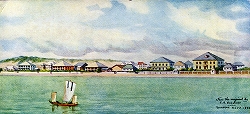 明治8（1875）年頃の横浜海岸通り（右端の大きな建物が英一番館）。原画C.B.バーナード。出典：ジャーディンマセソン・アンド・カムパニー（ジャパン）リミテッド『日本に於ける百年　英一番館』（1959年）