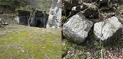 坑口脇には当時の作業場がそのまま台地状になって残り、工事に使用した石もそのまま残っている。