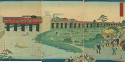 六郷蒸気車鉄道之図(明治4・1871年昇齋一景筆)（国立国会図書館デジタルコレクション）