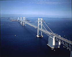 本州四国連絡橋児島・坂出ルート南備讃瀬戸大橋(1,723m、1988年)　完成時は日本最長吊り橋