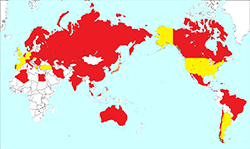 図版：地下鉄のある国（黄色－1927年以前、オレンジ－1927年、赤－1928年以降）