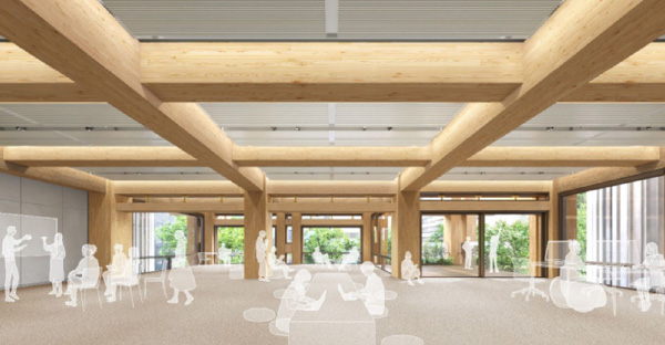 図版：木の多柱空間で構成されるウェルネスオフィス内観