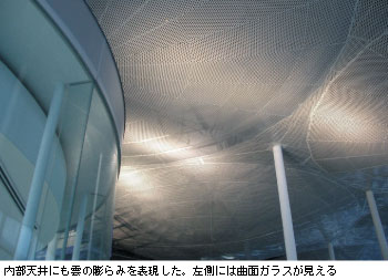 内部天井にも雲の膨らみを表現した。左側には曲面ガラスが見える