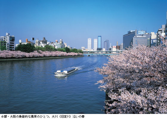水都・大阪の象徴的な風景のひとつ，大川（旧淀川）沿いの春　