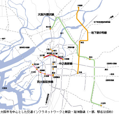 大阪市を中心とした交通インフラネットワークと新設・延伸路線（一部，駅名は仮称）