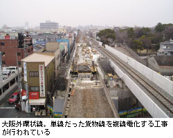 大阪外環状線。単線だった貨物線を複線電化する工事が行われている