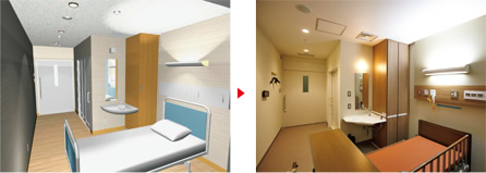 図版：（左）BIMソフトから生成したデジタルモックアップ。個室の検討用イメージ。（右）個室のモデルルーム