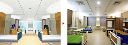 図版：（左）4人用病室のデジタルモックアップ。ベッドや家具類が増えるため，動線や設備配置への検討に役立てられた。（右）4人用病室のモデルルーム。心休まる温かみがインテリアには求められた