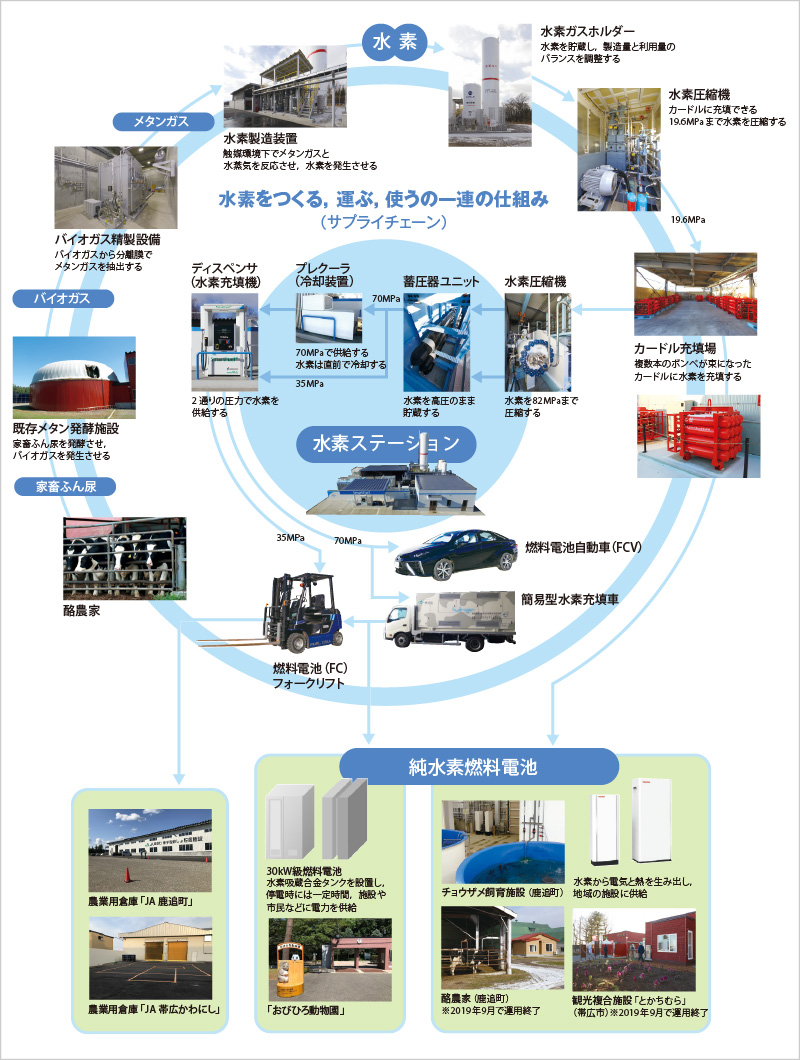 図版：しかおい水素ファームで実証実験が行われている，水素サプライチェーンの全体像