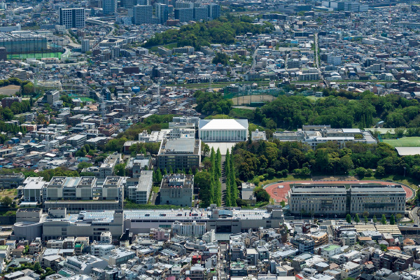 図版：日吉駅から続く銀杏並木の突き当りに位置する日吉記念館