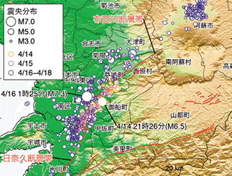 写真：資料2: 活断層のトレース（赤線）と震央分布の日変化