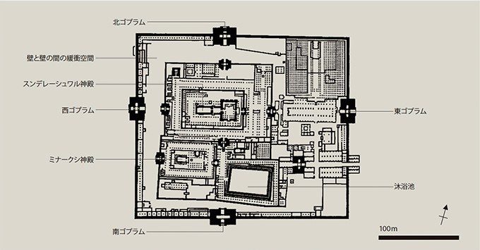 図版：壁で囲まれた境内と寺院建物内部