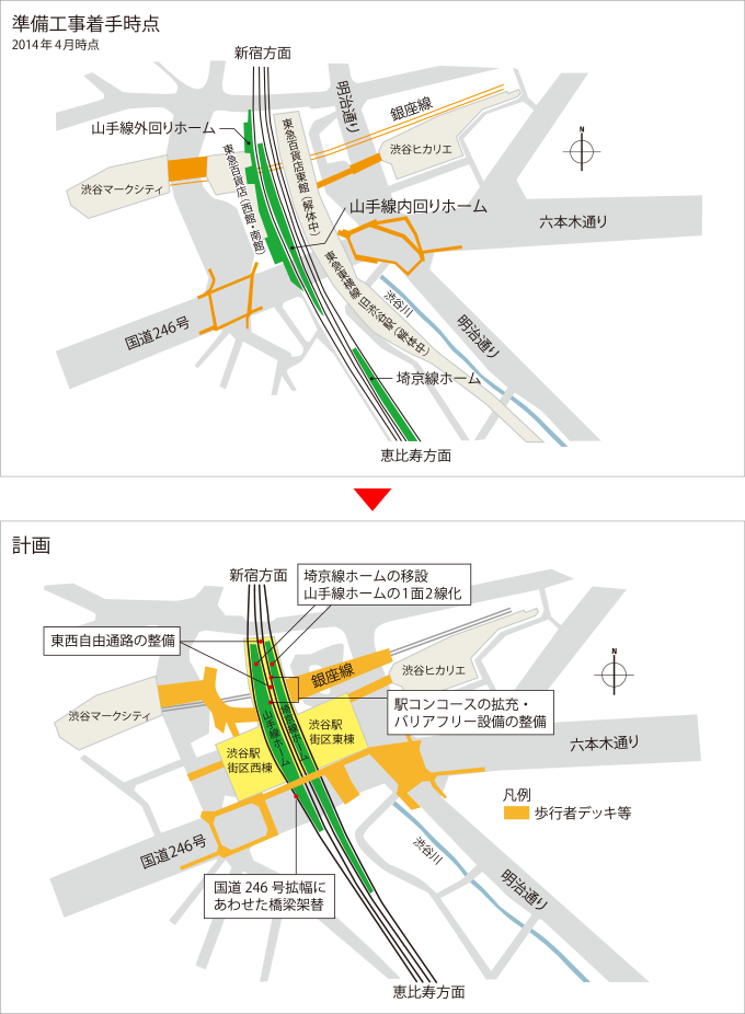 図版：渋谷駅の改良前後の平面図