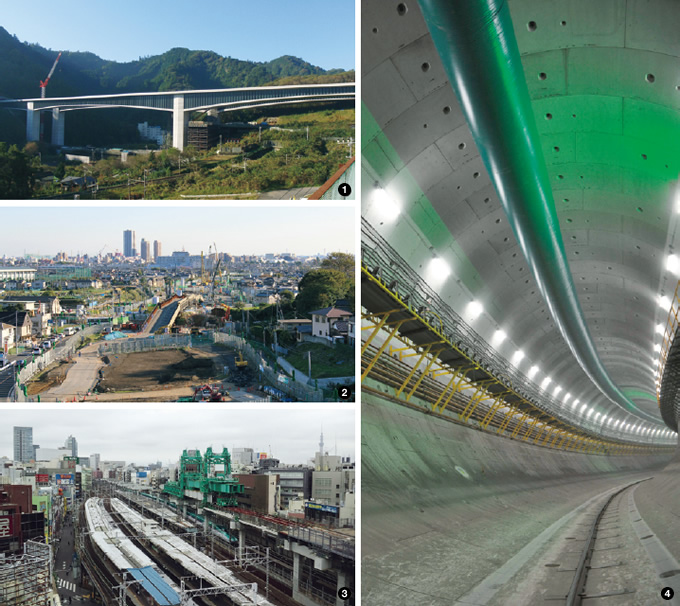 写真：❶圏央道・裏高尾橋　❷外環・国分工事　❸東北縦貫線工事の神田駅付近　❹中央環状線品川線本線シールドトンネル
（北行）坑内