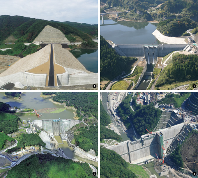 写真：❶殿ダム（鳥取県鳥取市）　❷稲葉ダム（大分県竹田市）　❸鶴田ダム（リニューアル）　❹湯西川ダム（栃木県日光市）