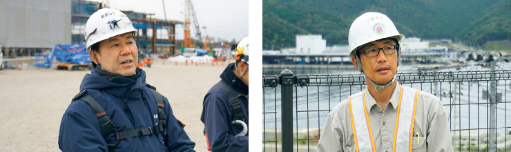 図版：IHI新拠点建設工事の沼尻昭所長（左）と，おながわまちづくりJVの深山直志所長
