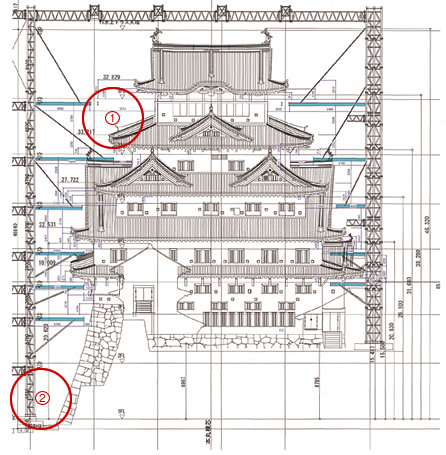 図：大天守に素屋根を重ね合わせた施工図