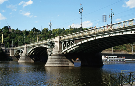 写真：チェフ橋（1908年完成）：橋長169m，幅員16m，本体は3径間の鋼製アーチ。典型的なアール・ヌーヴォー様式のデザインをもつ