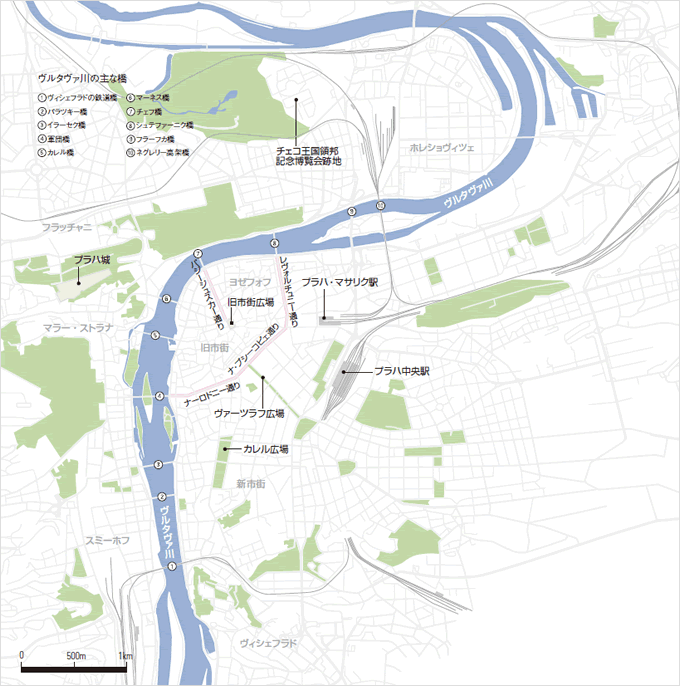 地図：ヴルタヴァ川の主な橋