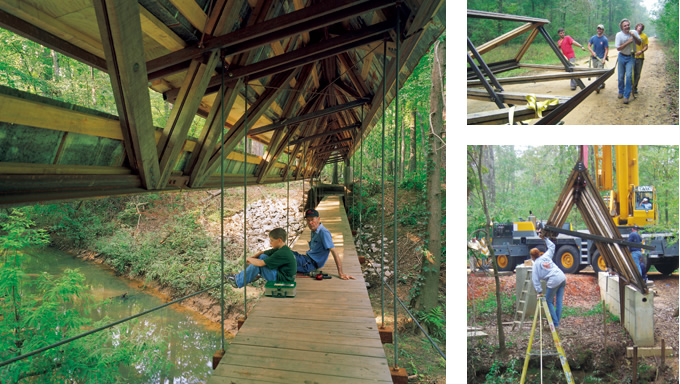 写真：園内の利用範囲を広げた歩道橋。近くで廃墟となっていた小屋の壁を，この橋の屋根材に利用した