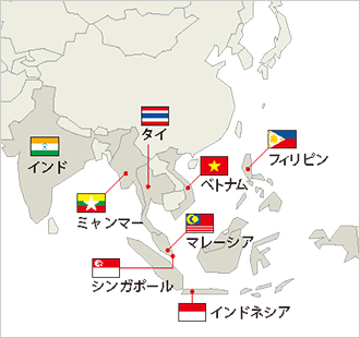 地図：アジアに広がるスローガン