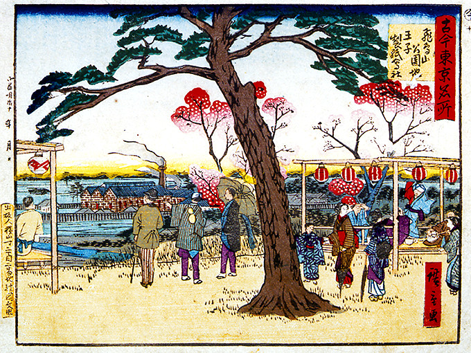 図版：古今東京名所　飛鳥山公園地王子製紙会社（歌川広重（三代），明治16（1883）年，北区飛鳥山博物館所蔵）