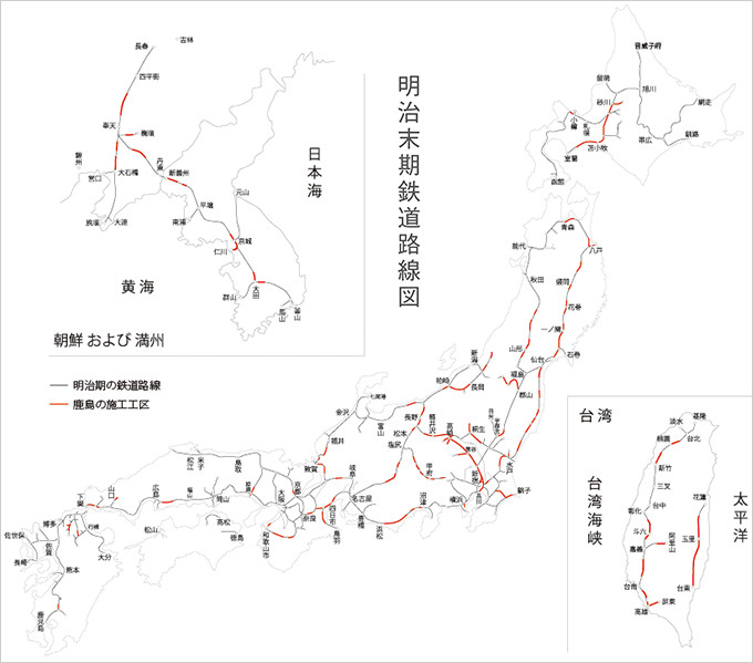 図版：明治期に整備された鉄道路線のうち，多くを鹿島が施工していることがわかる