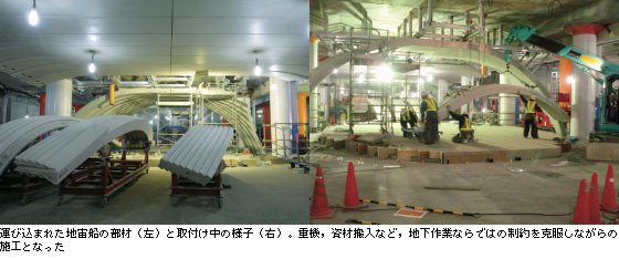 運び込まれた地宙船の部材（左）と取付け中の様子（右）。重機，資材搬入など，地下作業ならではの制約を克服しながらの施工となった